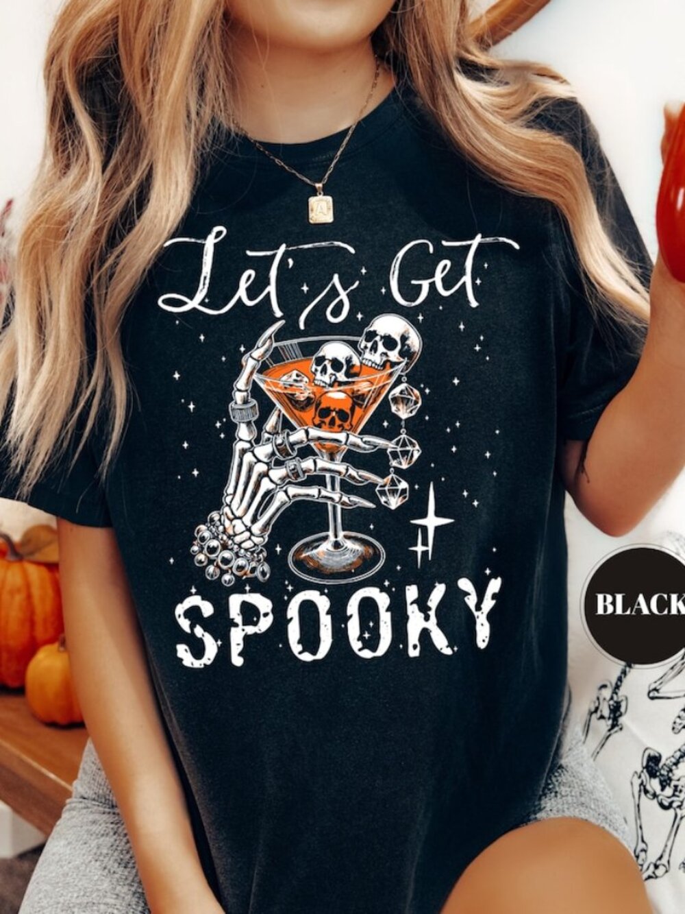 Let's Get Spooky T-Shirt, Skeleton Martini Halloween Tee